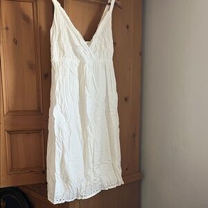 Cottage core Milkmaid style White Cotton Eyelet Slip Dress - V-Neck high waisted